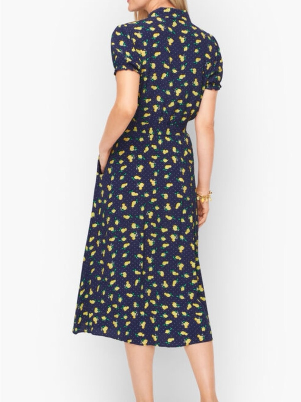 Lemon-Print Navy Blue Midi Shirt Dress with Tie Waist - Picture 2 of 8